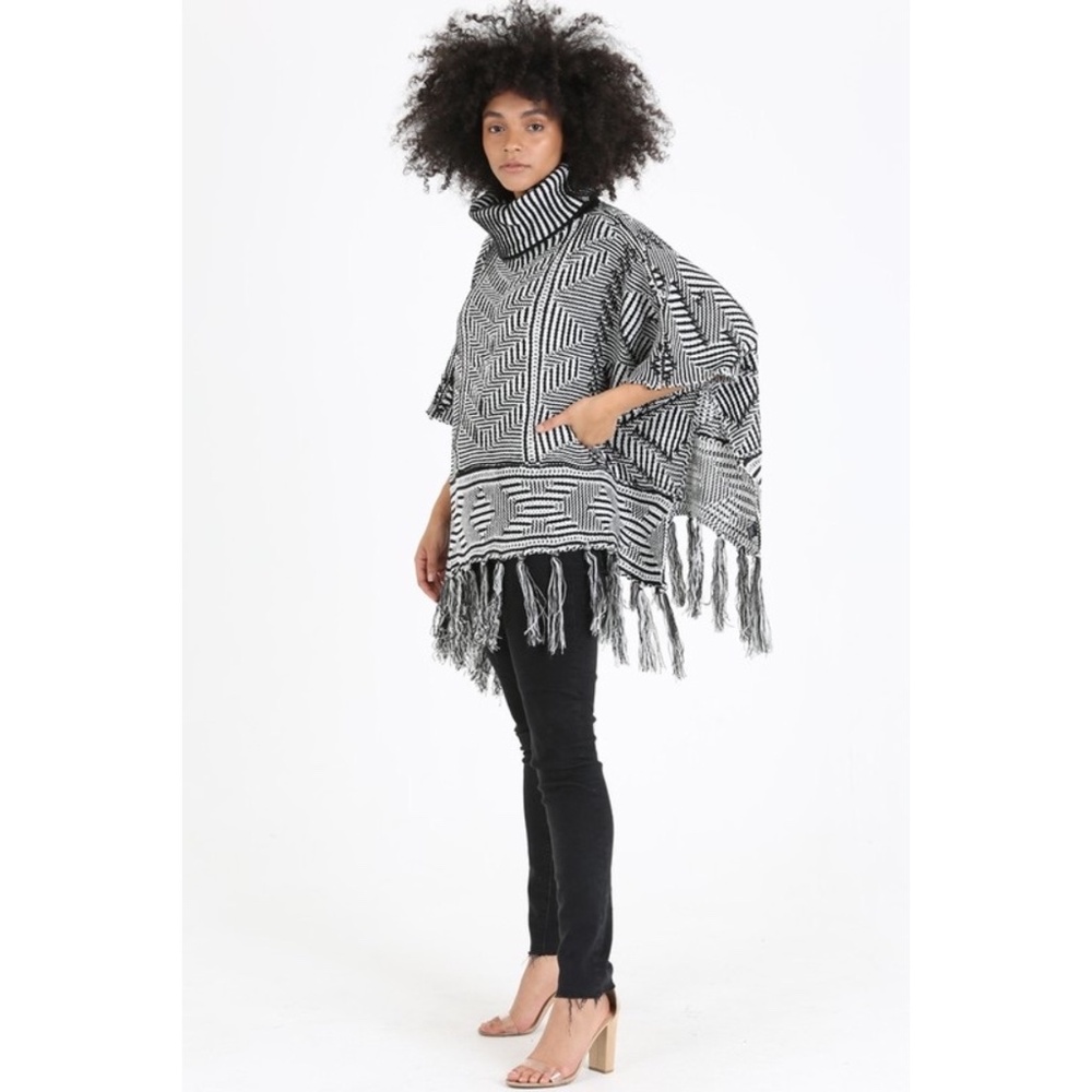 ANGIE Black & White Cowl Neck Poncho with Fringe - Picture 4 of 7